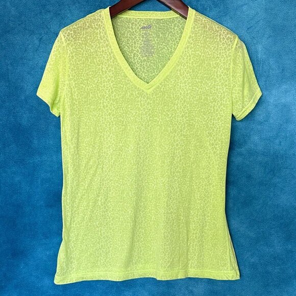 Avia Bright Yellow Leopard Burnout V-Neck Top, L - Picture 1 of 4